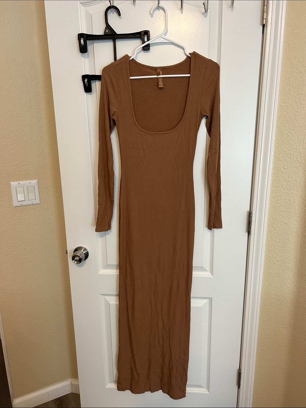 SKIMS Scoop Neck Long Sleeve Maxi Dress in Brown